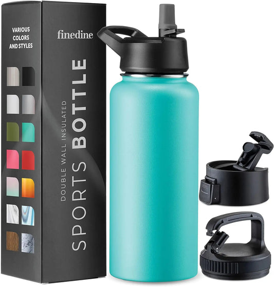 FineDine Triple Walled, Insulated Water Bottles with Straw - 32 Oz Stainless Steel Metal Bottle W/ 3 Leak Proof