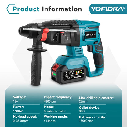 YOFIDRA 26mm Brushless Electric Rotary Hammer Cordless Multifunctional Impact Hammer Drill Power Tools For Makita Battery Pin