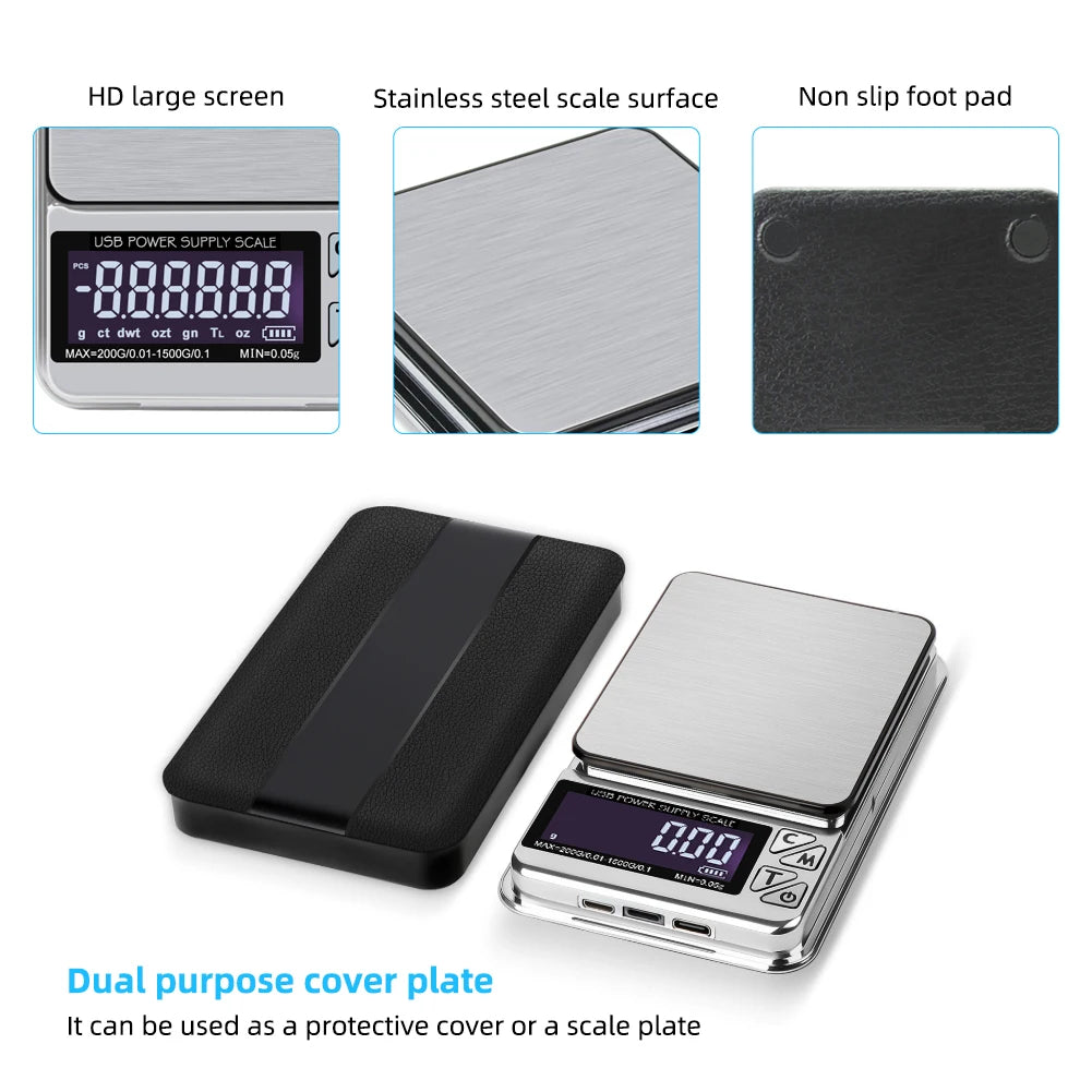 Digital Jewelry Scale High Precision 200g/1000gx0.01g Accuracy Smart Counting Gem Food Balance Kitchen Pocket Scales USB Charge
