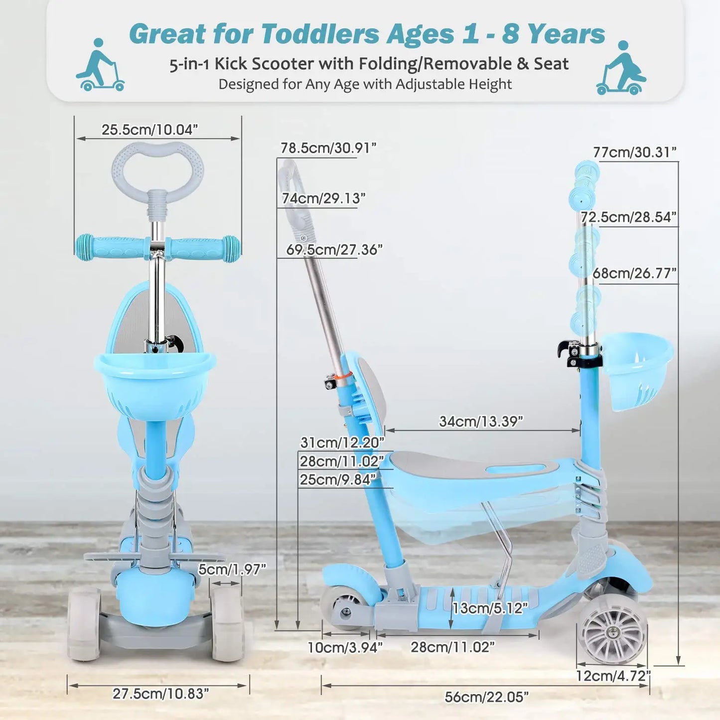 5-in-1 Kids Scooter, 3 Wheels Toddler Kick Scooter with LED Flashing Light UP Wheels, Removable Seat&Adjustable Handlebar