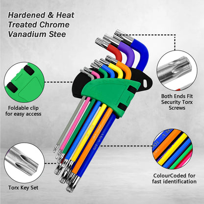 9 Pieces Allen Key Set Torx Torque Wrench Tool T10 T15 T20 T25 T27 T30 T40 T45 T50 Chrome Vanadium Steel