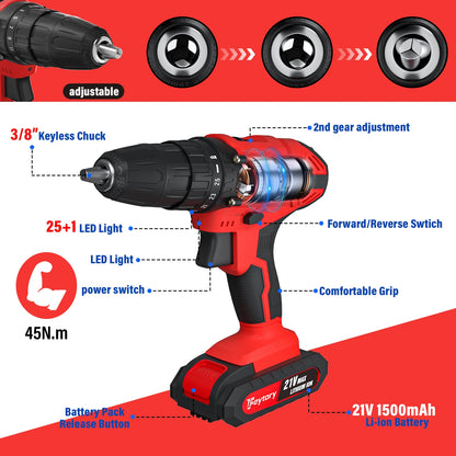 21V Cordless Drill,45Nm Electric Screwdriver Set with 29PCS Accessories, 2 Variable Speed for Home DIY Project Kit