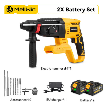 MELLWIN 26MM Brushless Electric Hammer Drill Cordless Household Rotary Impact Hammer Power Tool For Makita 18V Battery Pin