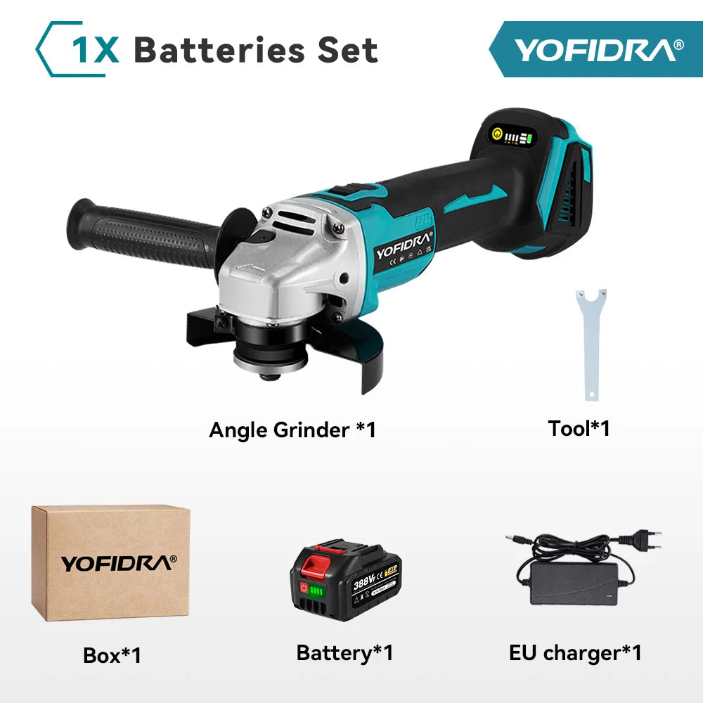 YOFIDRA 125mm Brushless Angle Grinder 4 Gear Cordless Grinding Machine Cutting Woodworking Power Tool For Makita 18V Battery Pin
