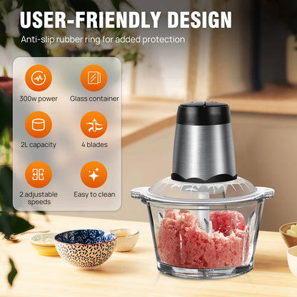 BRIEFNESS 2L Electric Meat Grinder & Vegetable Chopper, 300W Food Processor, 2 Speeds for Nuts/Onions, Kitchen Blender & Slicer