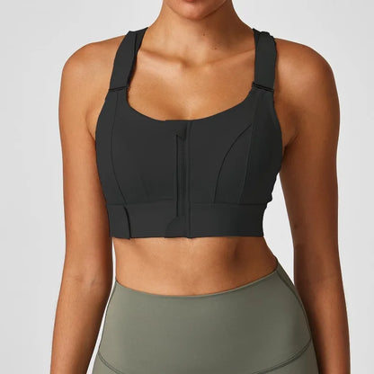 Large size sports lingerie women's shock-proof high-strength front zipper Velcro fitness running fixed cup yoga bra