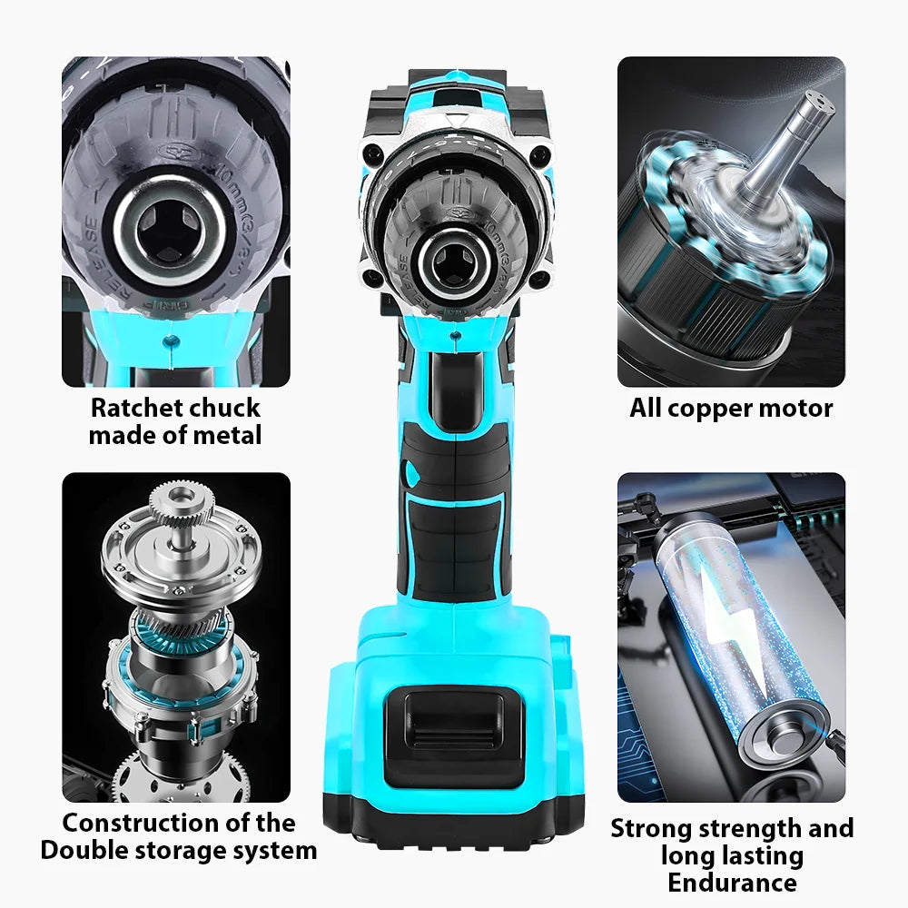 Electric Drill Power Tool Cordless Drill Combi Driver Electric Screwdriver Impact Set with 2pcs Rechargeable Batteries