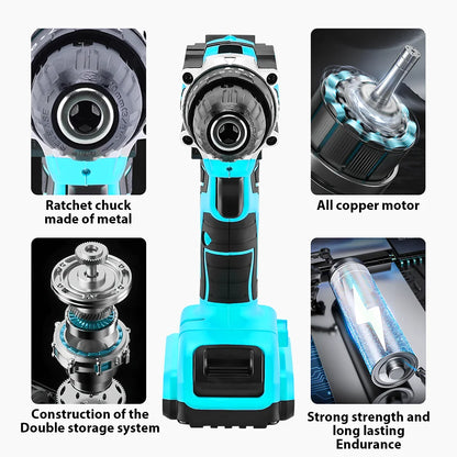 Electric Drill Power Tool Cordless Drill Combi Driver Electric Screwdriver Impact Set with 2pcs Rechargeable Batteries