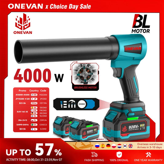 ONEVAN 4000W Brushless Electric Turbo Blower Jet Fan 400M/S 300000RPM Handheld Leaf Dust Blowing Tool For Makita 18V Battery Pin