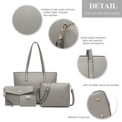 4 in 1 Totes Crossbody Bags Set PU tote bag Leather Shoulder Bag Handbag Purse with Detachable & Adjustable Strap for Women Lady