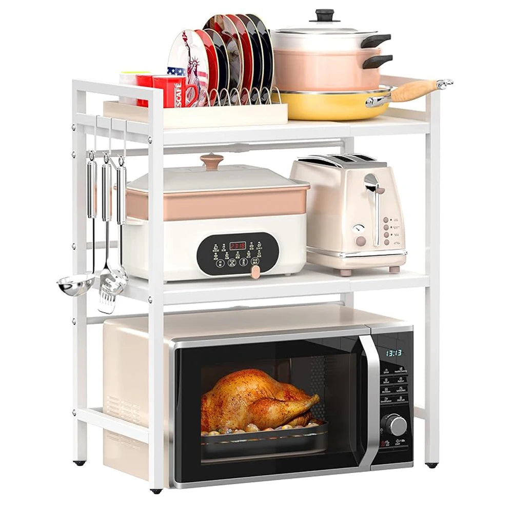 BonChoice 2/3-Tier Expandable Microwave Oven Rack Countertop for Kitchen, Microwave Shelf Stand Metal with 6 Hooks Black White