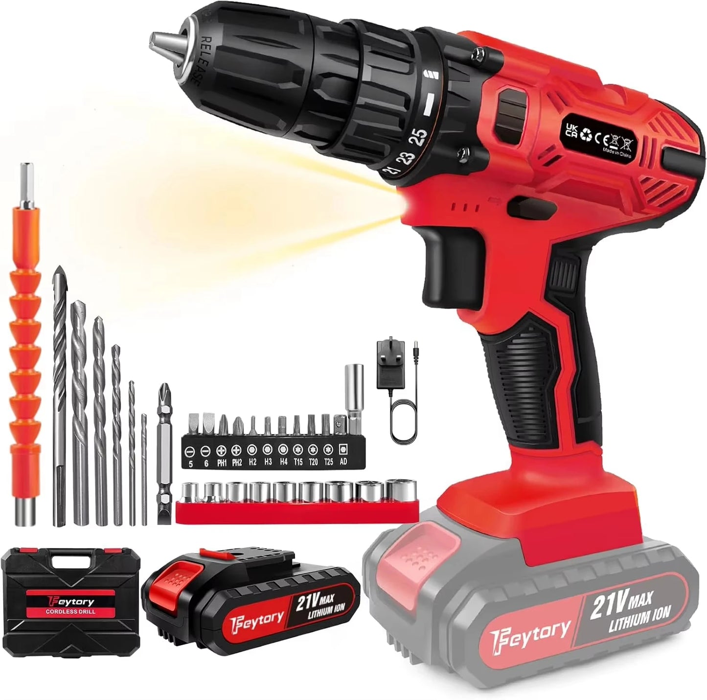 BRIEFNESS 21V Cordless Drill Screwdriver Kit 45Nm 2-Speed 25+1 Torque 3/8'' Chuck LED for Home DIY Hammer Drill 1.5Ah Battery