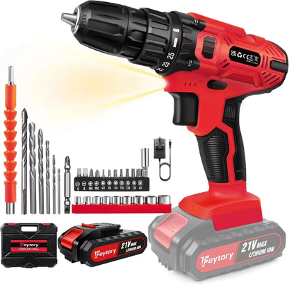 BRIEFNESS 21V Cordless Drill Screwdriver Kit 45Nm 2-Speed 25+1 Torque 3/8'' Chuck LED for Home DIY Hammer Drill 1.5Ah Battery
