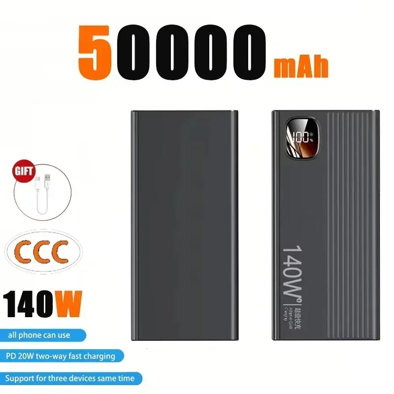 Lenovo CCC 500000mAh Power Bank 140W Large Capacity Portable Super Fast Charging Powerbank Spare Battery Digital Display Charger