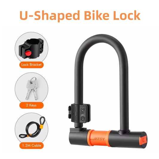 Heavy Duty U Shaped Bike Lock Bicycle D-Lock with Two Keys 1.2M Cable Bracket Anti-theft Bike Lock Cable Set