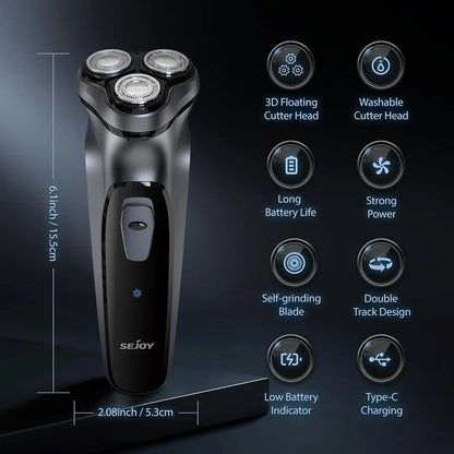 Sejoy 3D Rotary Electric Shaver for Men Advanced Dry Wet Pop-up Trimmer Rechargeable Perfect Fathers Day Gift for Dad, Husband