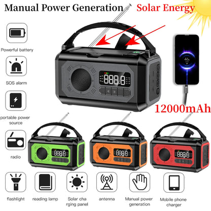12000mAh Small Portable Radio Solar Panels Emergency Radio Survival with crank Multifunction rechargeable Flashlight Power Bank