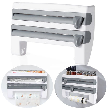 ABS Material Wall Mounted Kitchen Cling Film Dispenser with Cutter, Cling Film Aluminum Foil Roll Holder Paper Towel Holder Grey