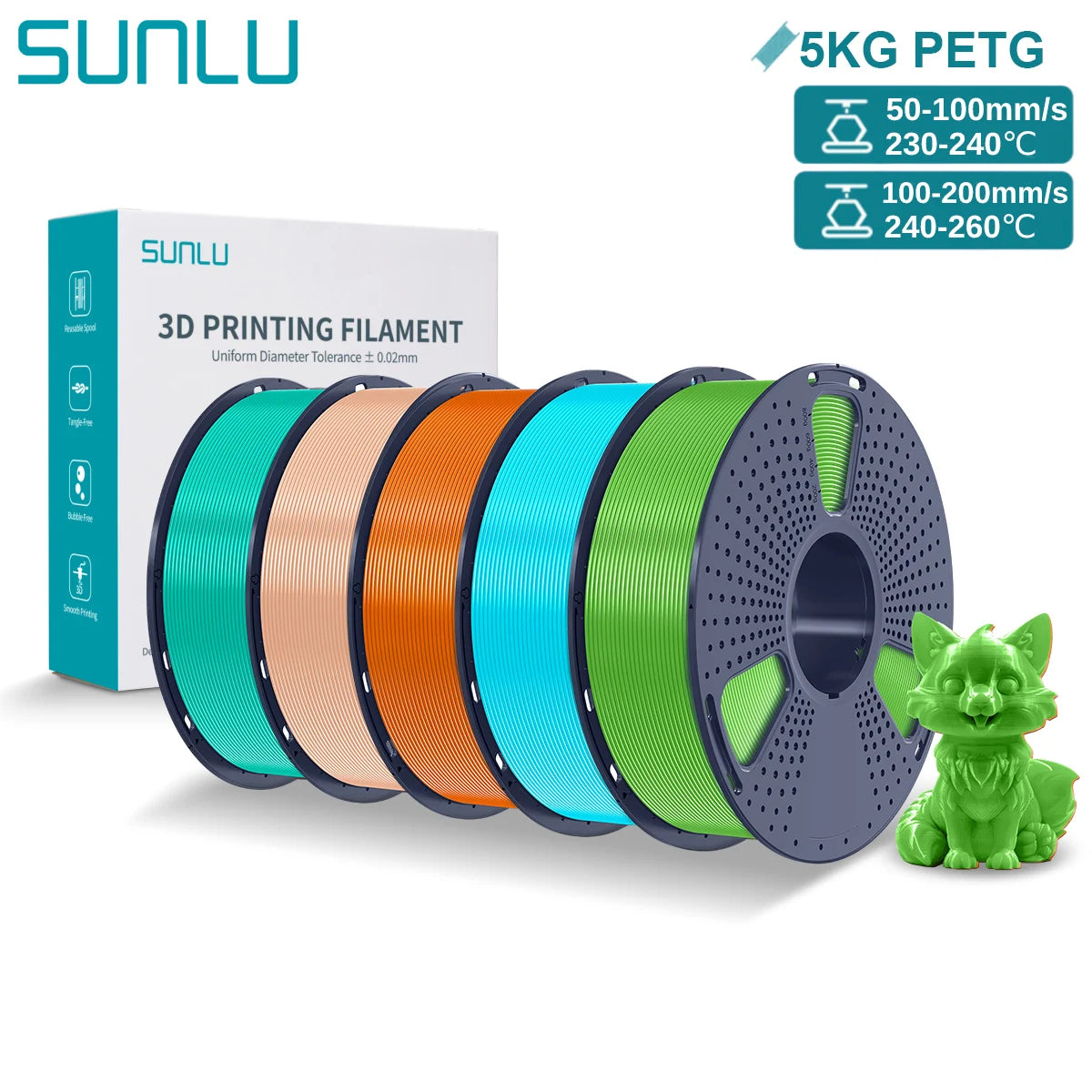 SUNLU PETG 3D Printer Filament 5KG Neatly Wound Good Toughness 1.75mm 3D Filament with Reusable Spool for Most FDM Printer