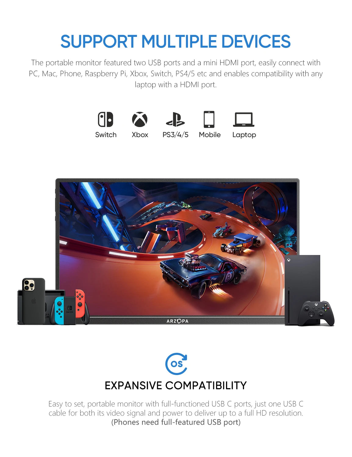 ARZOPA 14.0 inch 1080P FHD Portable Monitor IPS Screen with USB C HDMI External Second Display for Mac,Laptop,PC,Switch,PS,Xbox