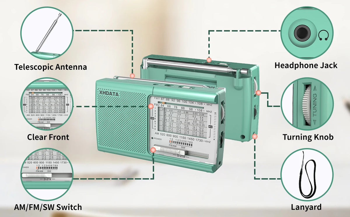 XHDATA D219 Portable Radio AM FM MW Shortwave Receiver Pocket Radio High Sensitivity Multi Band Radio with Speaker Earphone Jack