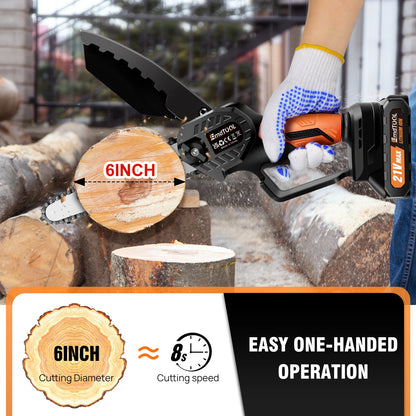 Handheld Mini Chainsaw Cordless 6 Inch Powerful Electric Chain saw with 2 Chains, Security Lock for Wood Cutting Tree Trimming