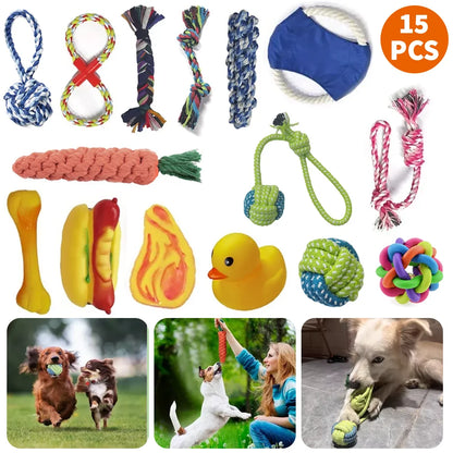 15pcs Dog Plush Toy, Dog Plush Toy Set, Tough Strong Knot Ball, Pet Puppy Teething Toy set,  Interactive Training Play