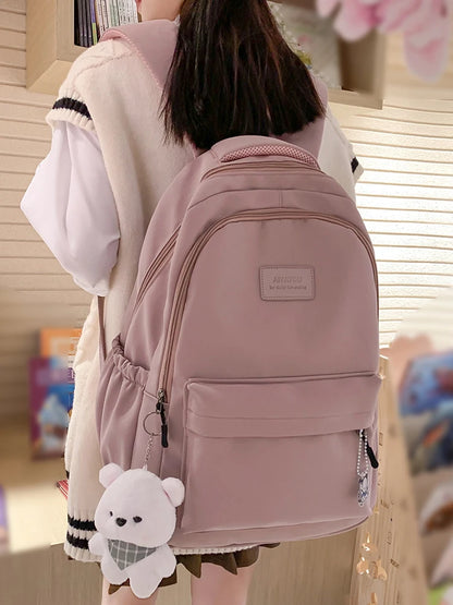 College Student Rucksack Large Capacity Casual Book Bags with Cute Pendant Simple Adjustable Strap Fashion for Outdoor Sport