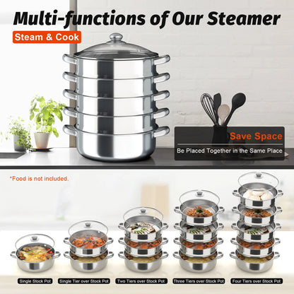 5 Tier  26/28/30/32cm Steame Cooker Steamer Pan Cook Food Veg Pot Stainless Steel Silver w/Glass Lid