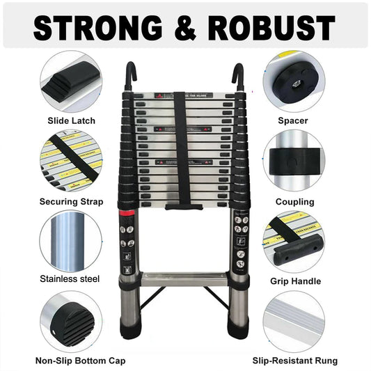 4.4m/5m Telescopic Extension Ladder with 2 Detachable Hooks, Sturdy Stainless Steel  EN131 Standard, 150kg Load Capacity
