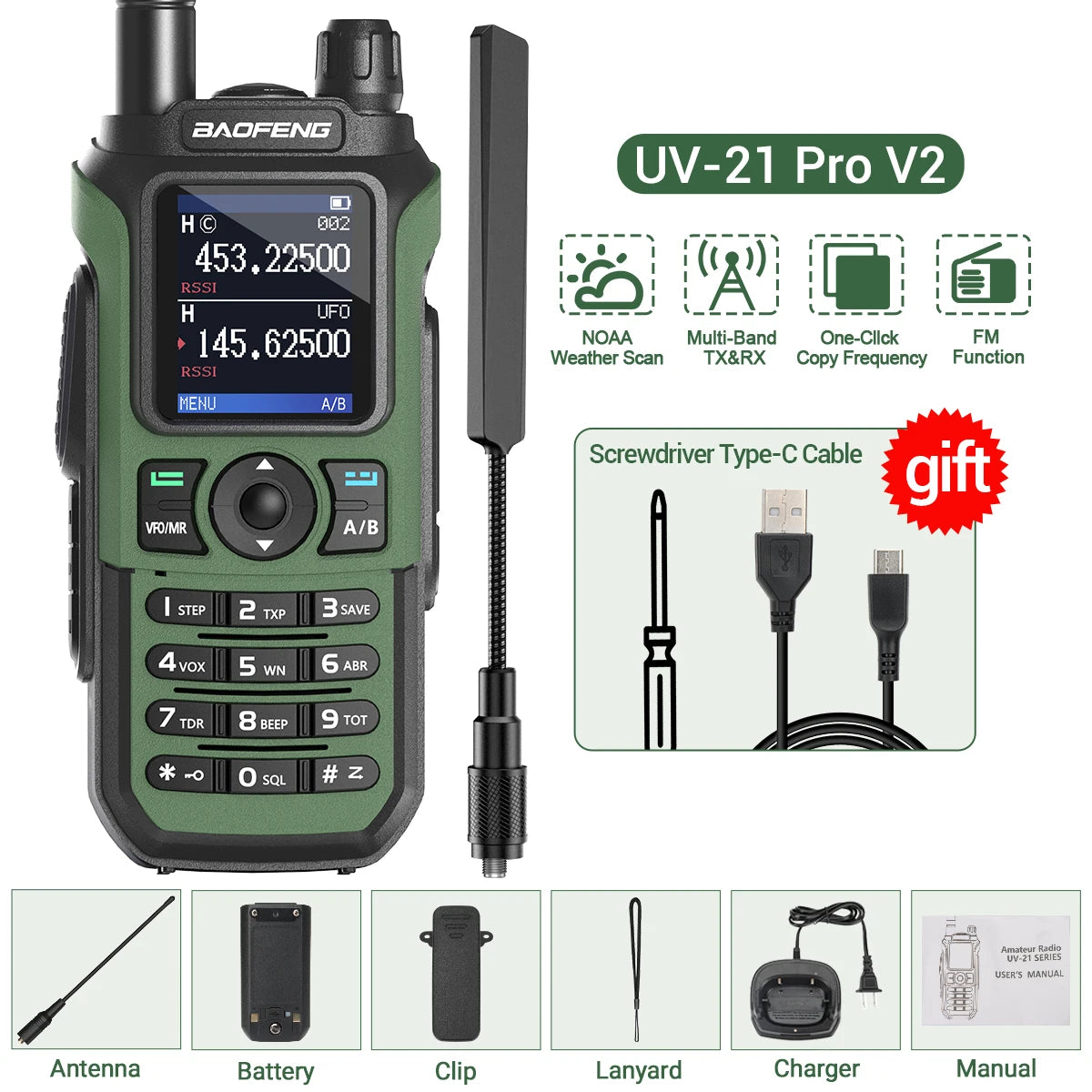 Baofeng UV 21 Pro Wireless Copy Frequency Walkie Talkie 16 KM AM Long Range Waterproof Multi-Band Type-C Charger Ham Radio UV 5R