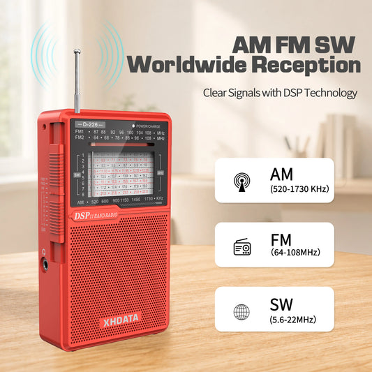 XHDATA D226 Mini Shortwave Radio AM FM SW Portable USB-C Rechargeable Battey Radio LED Flashlight 3.5mm Headphone Jack Stand