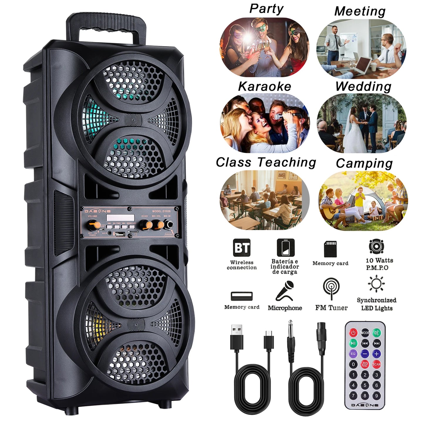 Portable Wireless PA Speaker Dual 6.5" Subwoofer System Supports AUX USB FM LED Rechargeable Battery Speakers with Microphone