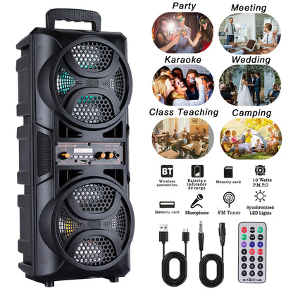 Portable Wireless PA Speaker Dual 6.5" Subwoofer System Supports AUX USB FM LED Rechargeable Battery Speakers with Microphone