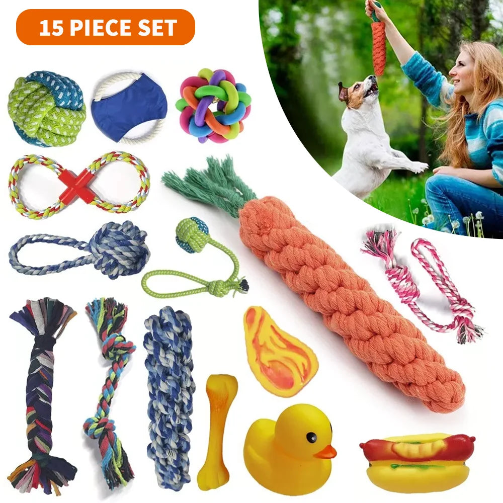 15pcs Dog Plush Toy, Dog Plush Toy Set, Tough Strong Knot Ball, Pet Puppy Teething Toy set,  Interactive Training Play