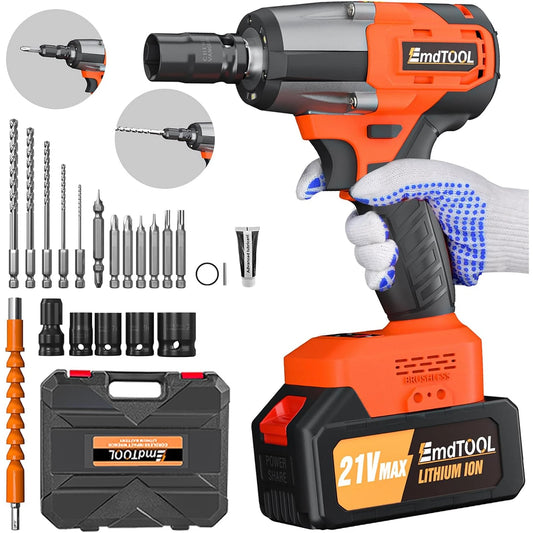 21V Cordless Impact Wrench, 1/2 inch Brushless Impact Gun, Max Torque 550Nm with 4 Socket Sets, 12 Drill Sets, 4.0Ah Battery