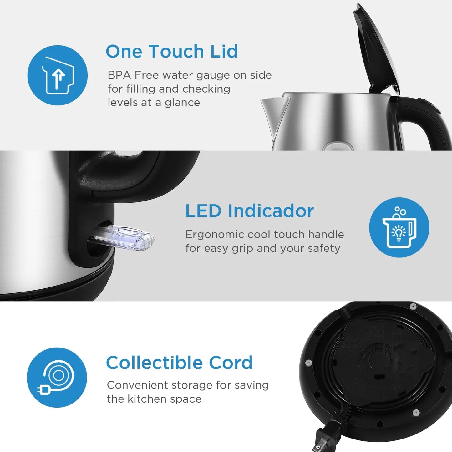 Electric Kettle 3000W Fast Boil 1.7L Stainless Steel Kettle with  LED Indicator,Water Level Indicator, Dry Burn Protection