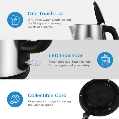 Electric Kettle 3000W Fast Boil 1.7L Stainless Steel Kettle with  LED Indicator,Water Level Indicator, Dry Burn Protection