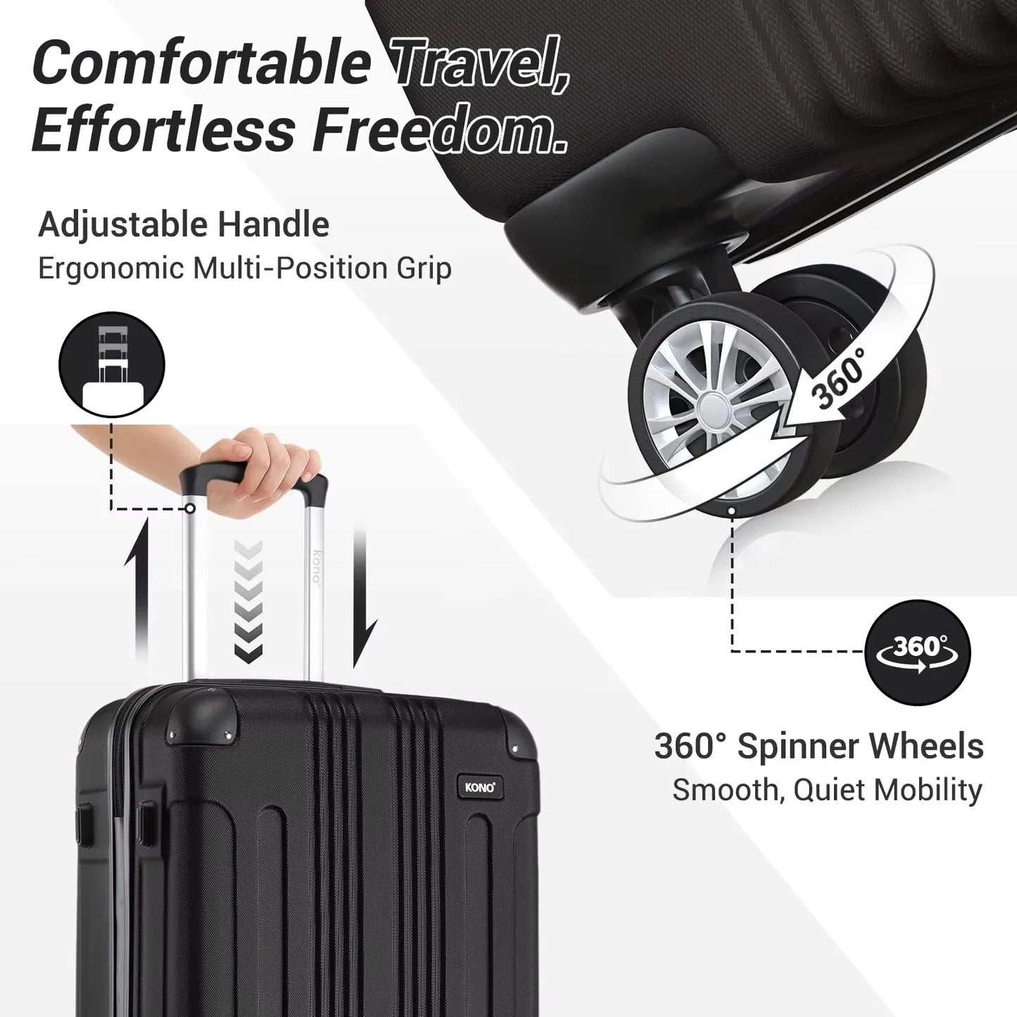 Kono Large Hard Shell Luggage 19/24/28 inch Lightweight ABS 4 Wheels Spinner Business Trip Trolley Case Suitcase