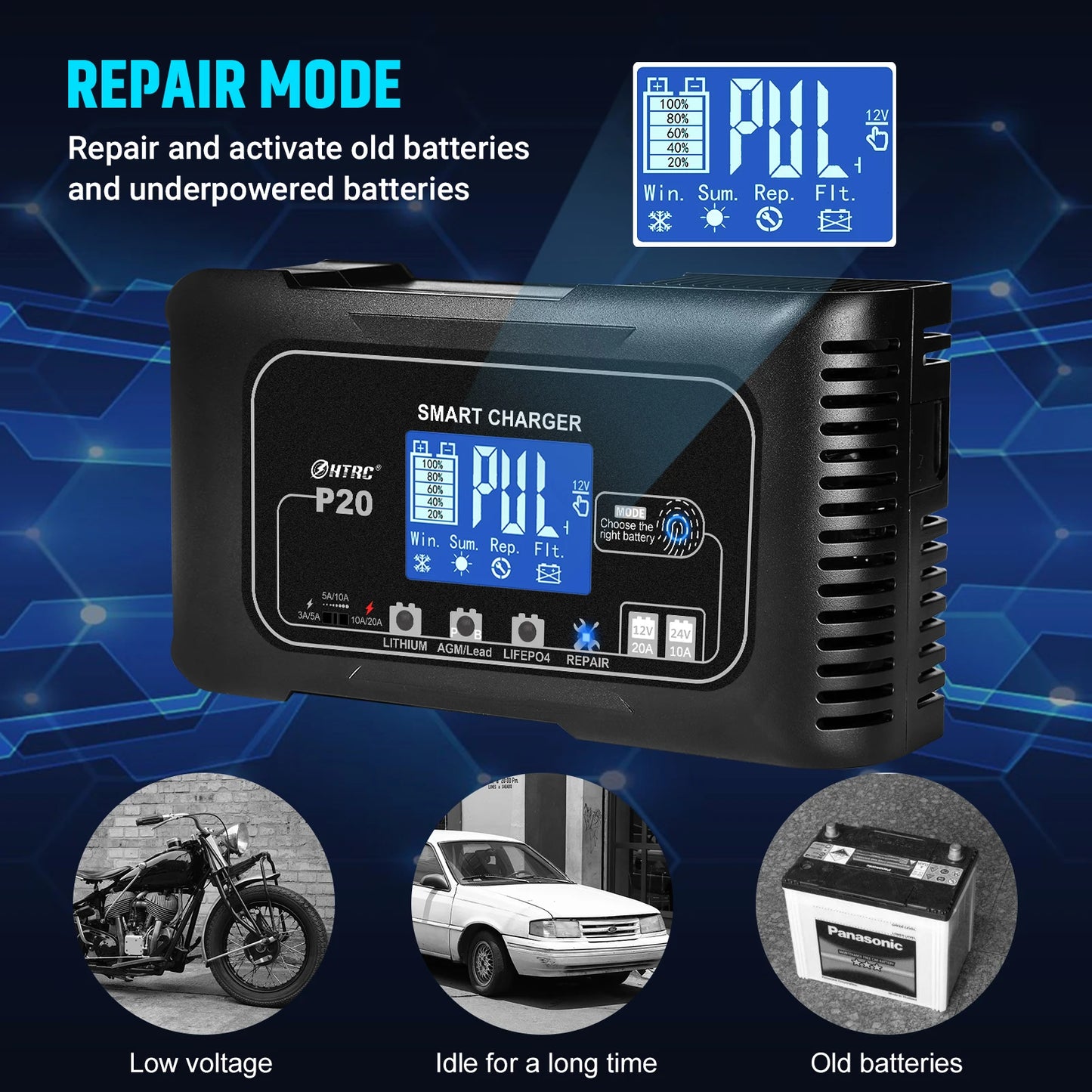 HTRC 20A 12V-24V P20 Battery Charger for Smart Car Battery Charger Repair Auto Moto Lead Acid AGM GEL PB Lithium LiFePo4 Battery
