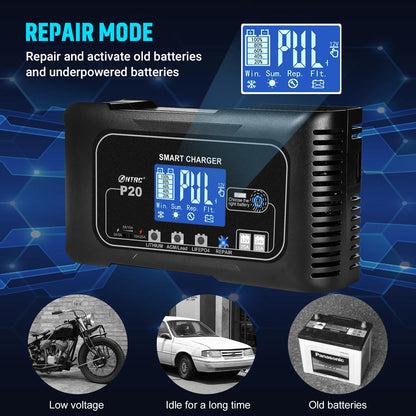HTRC 20A 12V-24V P20 Battery Charger for Smart Car Battery Charger Repair Auto Moto Lead Acid AGM GEL PB Lithium LiFePo4 Battery