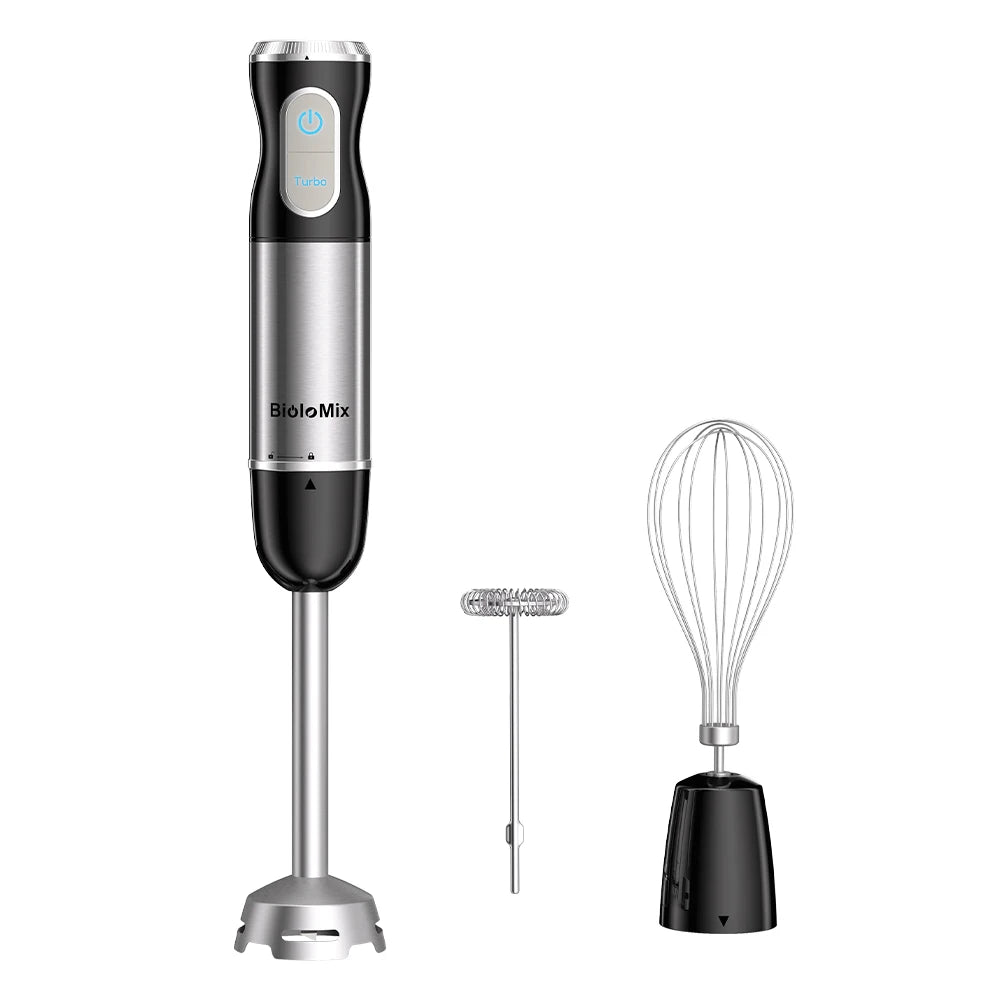BioloMix 3-in-1 Immersion Hand Blender Stainless Steel with Sharper Blades Whisk & Milk Frother For Smoothie, Baby Food Puree
