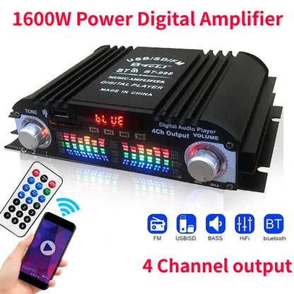 HiFi Sound Amplifier 4 Channel Digital Audio Bluetooth Amplifier 1600W Peak Power Karaoke Player FM Radio Support Remote Control