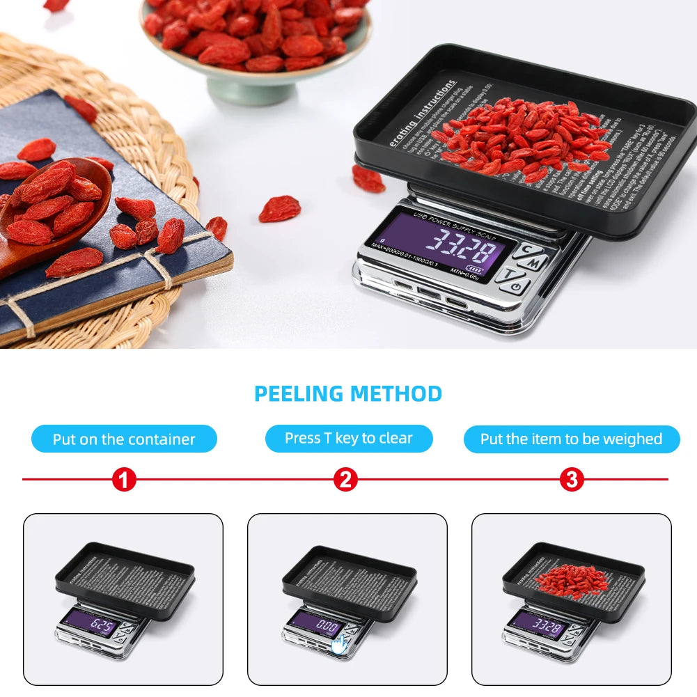 Digital Jewelry Scale High Precision 200g/1000gx0.01g Accuracy Smart Counting Gem Food Balance Kitchen Pocket Scales USB Charge