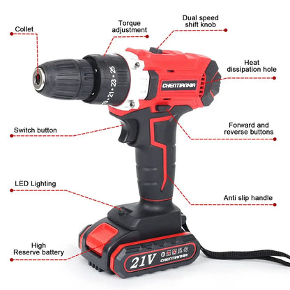 21V Cordless Hand Drill Combi Hammer Impact Drill Driver Electric Screwdriver 2 Battery Set