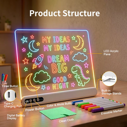 LED Drawing Board for Kids Rechargeable Light-Up Acrylic Neon Board with Timer and Built-in Stand Digital Battery