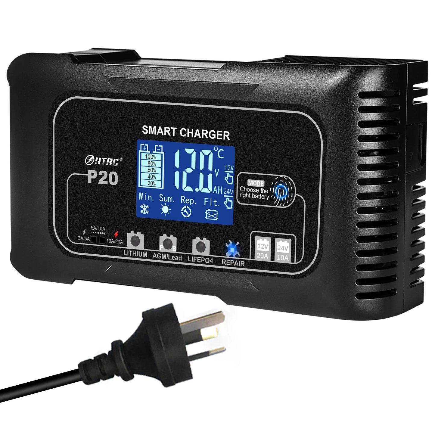 HTRC 20A 12V-24V P20 Battery Charger for Smart Car Battery Charger Repair Auto Moto Lead Acid AGM GEL PB Lithium LiFePo4 Battery