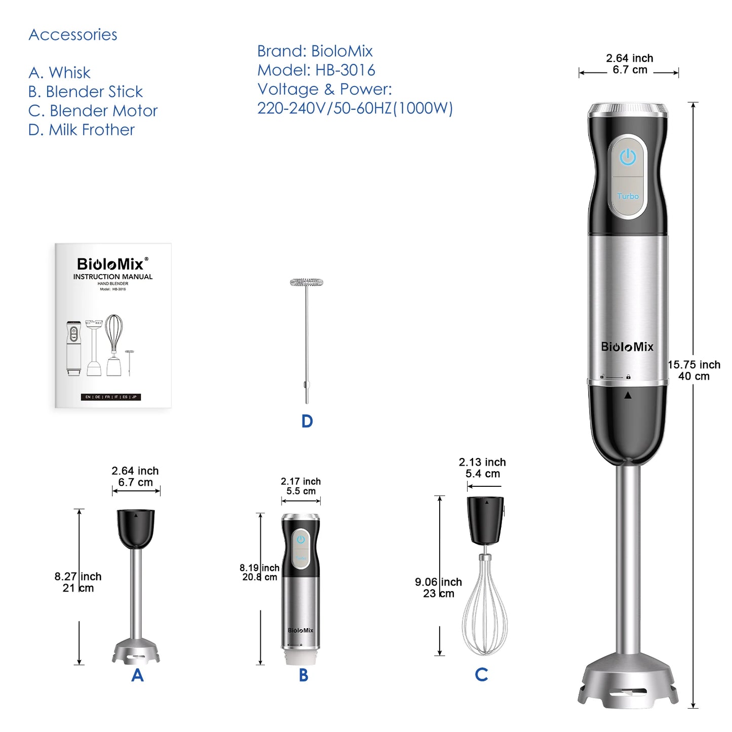 BioloMix 3-in-1 Immersion Hand Blender Stainless Steel with Sharper Blades Whisk & Milk Frother For Smoothie, Baby Food Puree