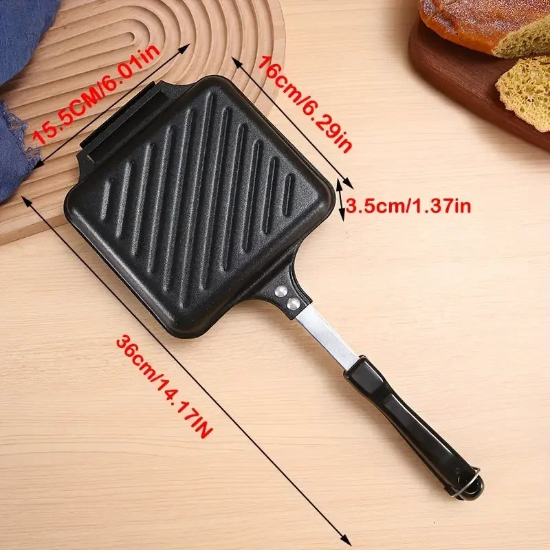 Non-Stick Camping Sandwich Panini Maker with Handle, Double Sided Frying Pan Detachable Grilled Sandwich Flip Pan