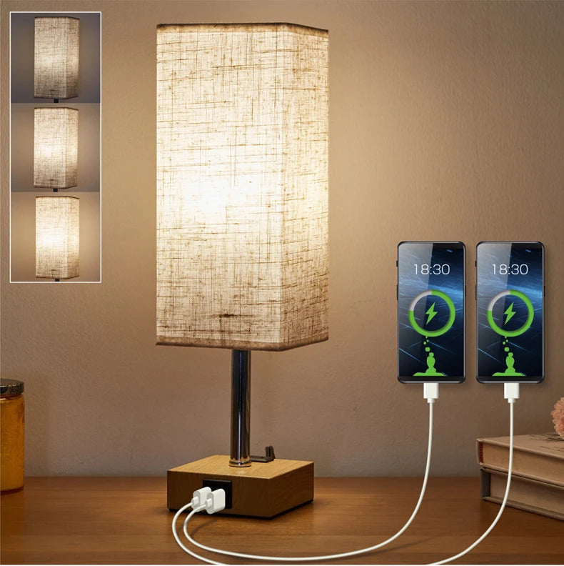 Bedside Lamp Touch Control Table Lamp with USB A+C Charging Ports 3-Way Dimmable Desk Lamps with Fabric Shade for Bedroom 2025